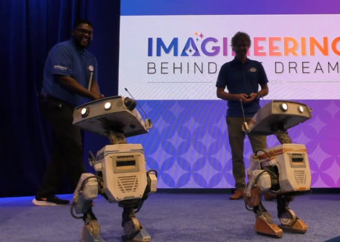 Walt Disney Imagineering showcases the BDX droids—OSKAR-7, BESH-27, and GREK-17—during a live demonstration at the 2024 D23 Ultimate Disney Fan Event.