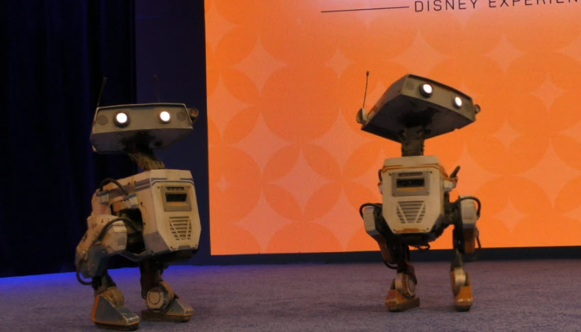 Walt Disney Imagineering showcases the BDX droids—OSKAR-7, BESH-27, and GREK-17—during a live demonstration at the 2024 D23 Ultimate Disney Fan Event.