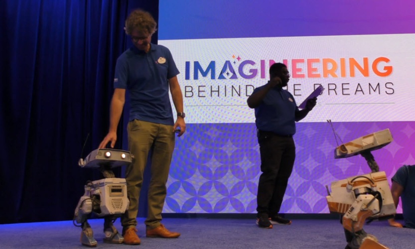 Walt Disney Imagineering showcases the BDX droids—OSKAR-7, BESH-27, and GREK-17—during a live demonstration at the 2024 D23 Ultimate Disney Fan Event.
