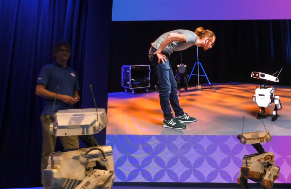 Walt Disney Imagineering showcases the BDX droids—OSKAR-7, BESH-27, and GREK-17—during a live demonstration at the 2024 D23 Ultimate Disney Fan Event.