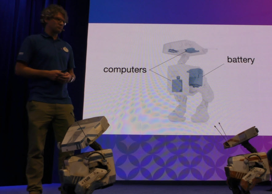 Walt Disney Imagineering showcases the BDX droids—OSKAR-7, BESH-27, and GREK-17—during a live demonstration at the 2024 D23 Ultimate Disney Fan Event.