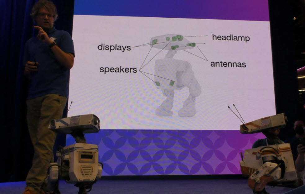 Walt Disney Imagineering showcases the BDX droids—OSKAR-7, BESH-27, and GREK-17—during a live demonstration at the 2024 D23 Ultimate Disney Fan Event.