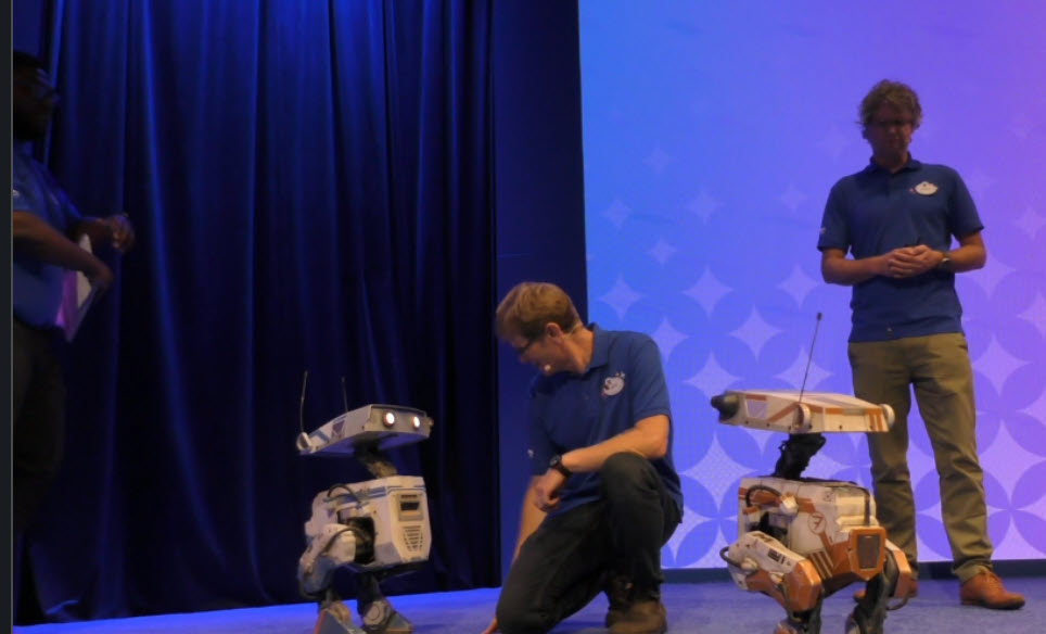 Walt Disney Imagineering showcases the BDX droids—OSKAR-7, BESH-27, and GREK-17—during a live demonstration at the 2024 D23 Ultimate Disney Fan Event.