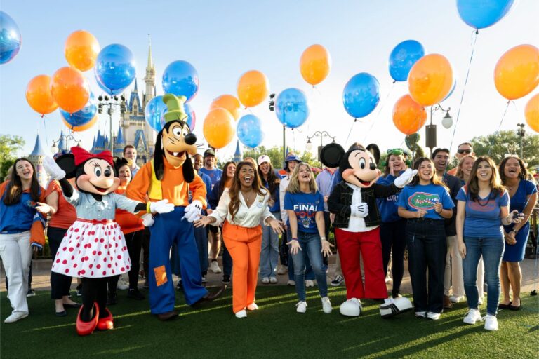 Cast Members who are UF alumni and fans congratulate the University of Florida on its NCAA Men’s Basketball National Championship with Mickey Mouse, Minnie Mouse and Goofy in Magic Kingdom Park.